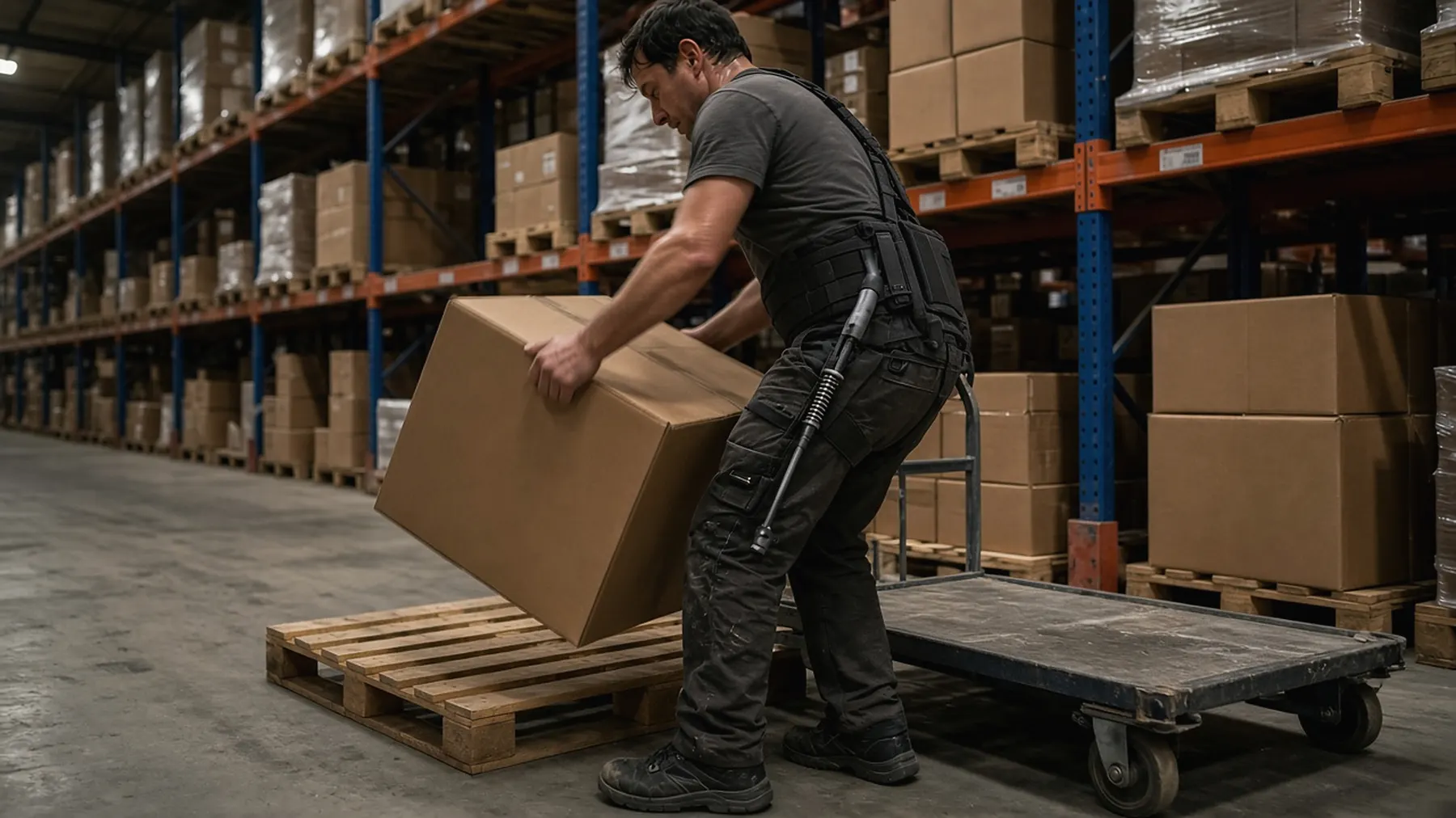 Manutentionnaire soulevant un sac de ciment avec un exosquelette lombaire actif