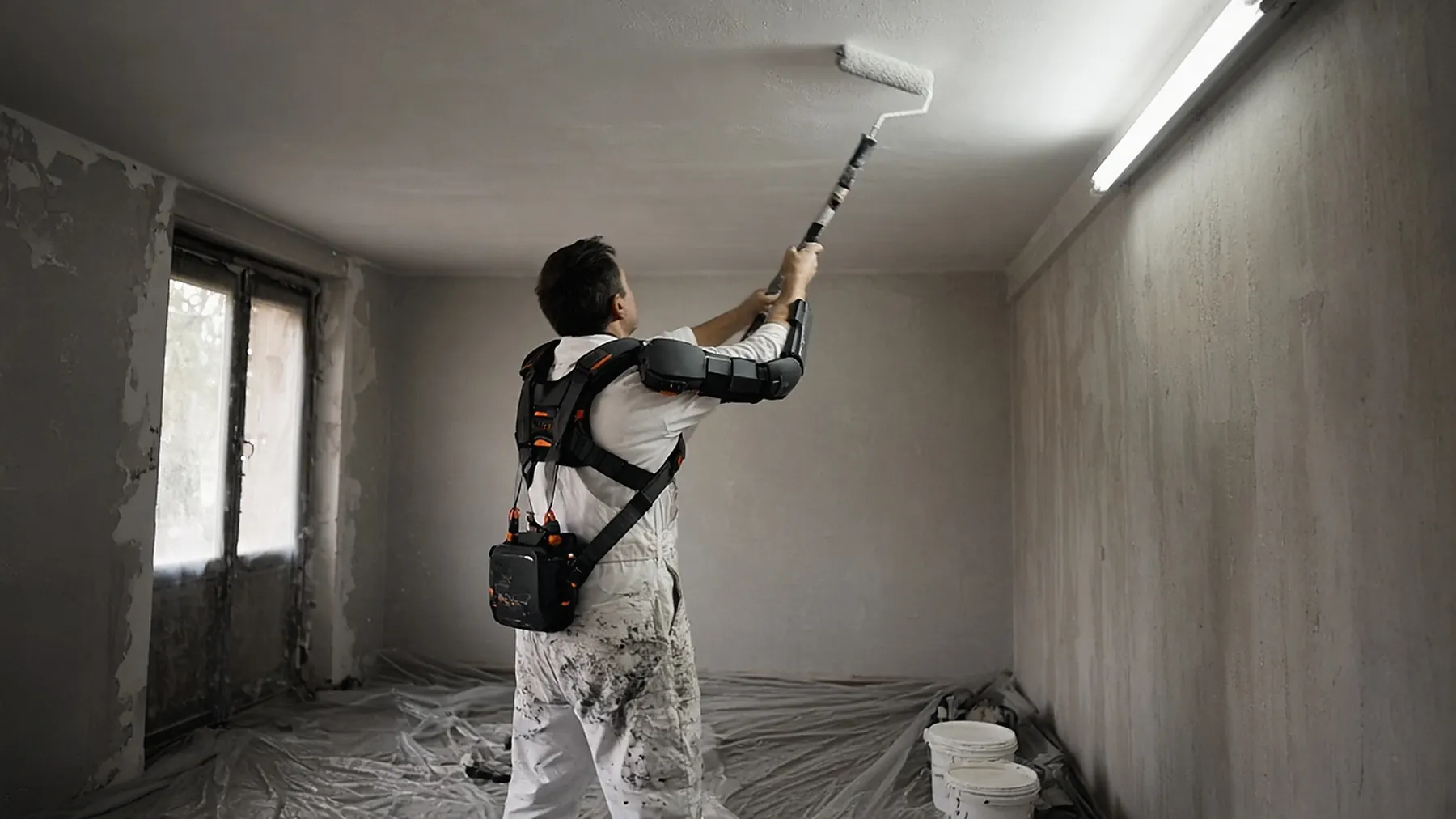 Peintre au rouleau sur perche au plafond, exosquelette d’épaules