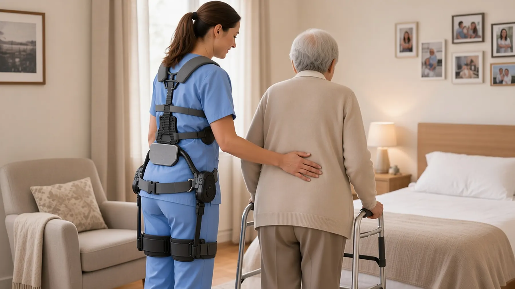 Aide-soignante équipée d’un exosquelette lombaire souple aidant une résidente à passer du fauteuil au déambulateur